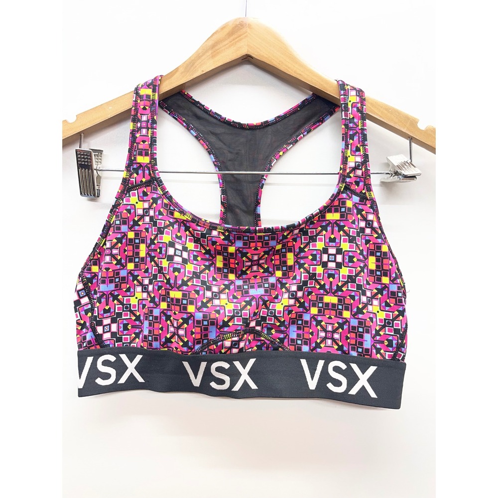Victoria Sport VSX Geometric Neon Mosaic Racerback Sports Bra Pink Multi L